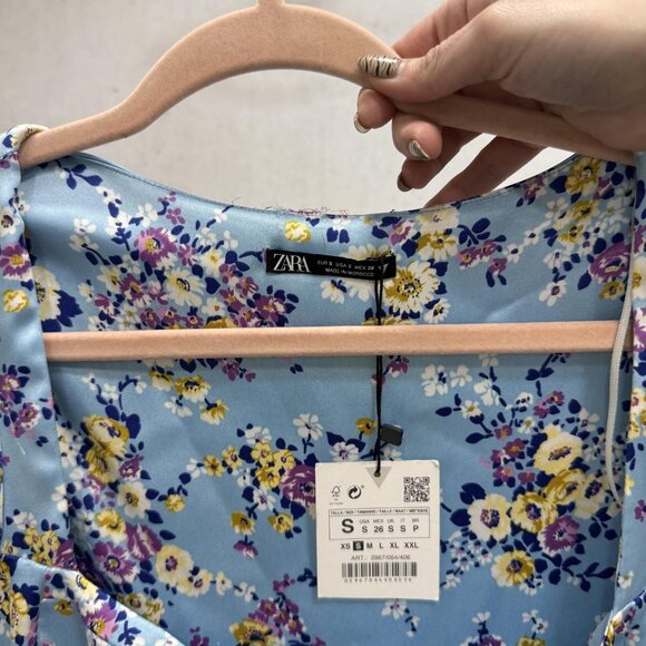Zara Dress Womens Small Blue Floral Puff Sleeve Fit & Flare Mini Satin Sundress - Picture 5 of 14